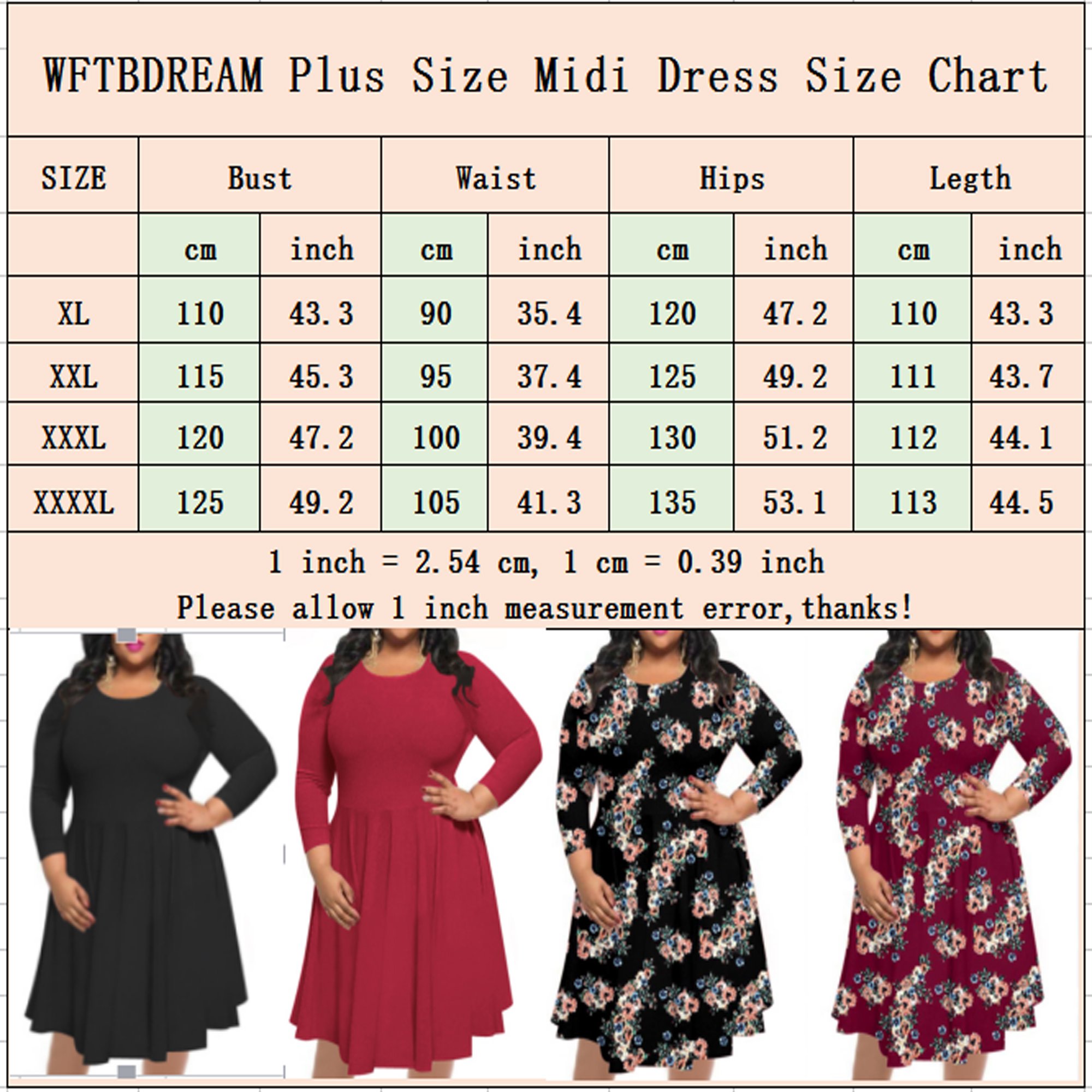 WFTBDREAM Womens Solid Stretch Knee Length Dress with Sleeve Swing Skirt Black 2XL