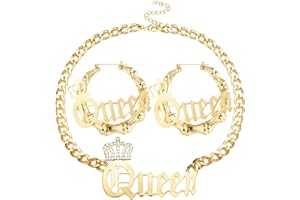 SAILIMUE Queen Pendant Curb Chain Necklace with Oversize Statement 90s Bamboo Hoop Earring Set for Women Gold Plated Color Punk Style Hip Hop Rapper