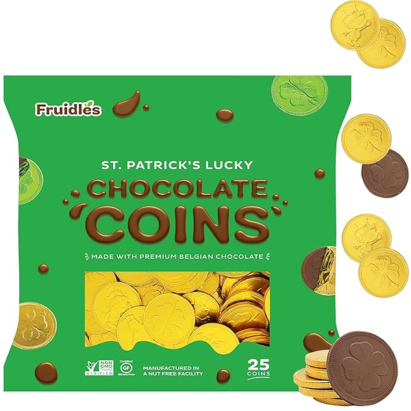 ST. PATRICK’S DAY 25 MILK CHOCOLATE COINS LUCKY GOLD COINS FOILS, SHAMROCK CLOVER LEPRECHAUN PREMIUM BELGIAN MILK CHOCOLATE COINS BAG NUT-FREE (25-PACK)