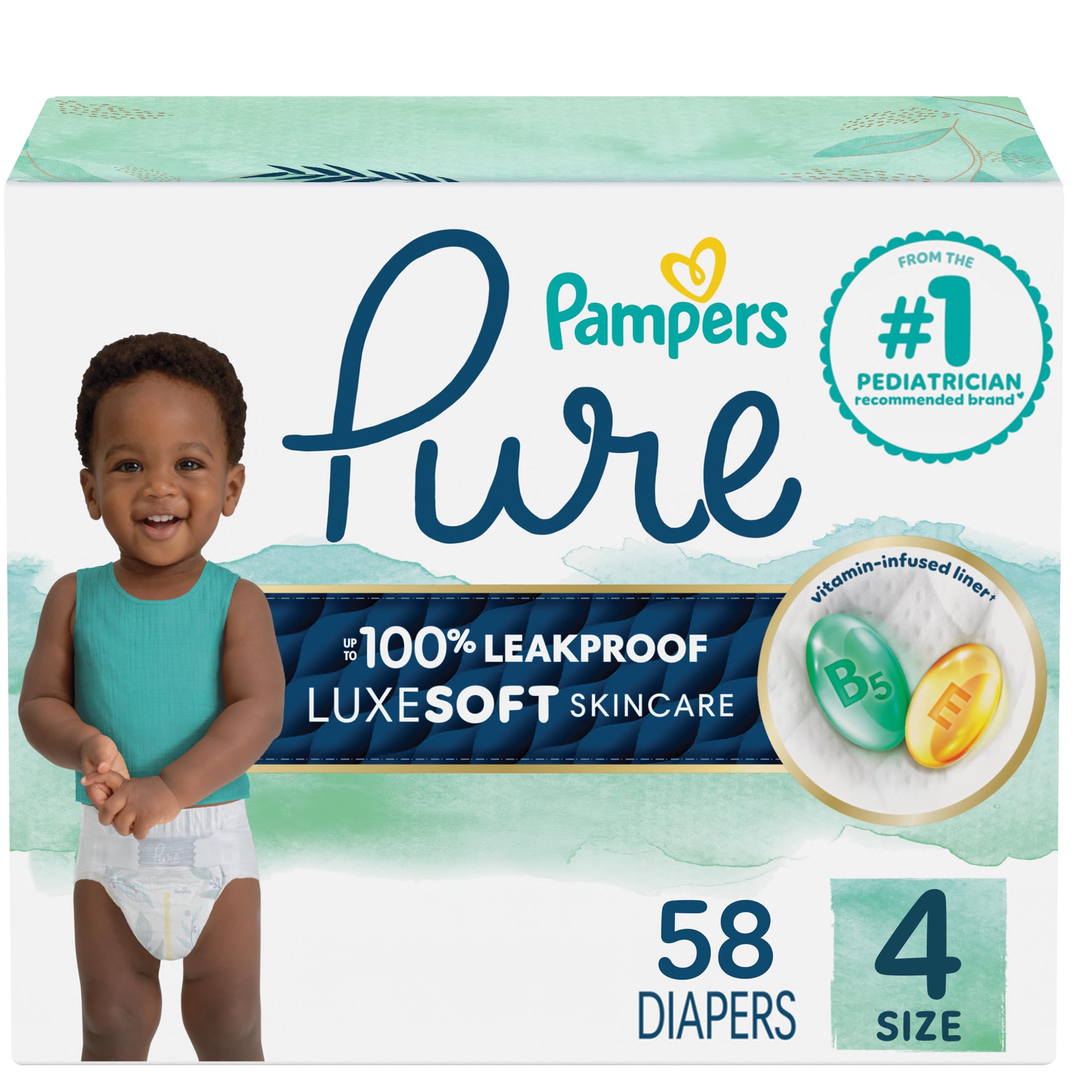 Photo 1 of Pampers Pure Protection Baby Diapers, Size 4 (22-37 lbs), 58 Count, Up to 100% Leakproof, Premium Plant-based Skin Protection, Hypoallergenic Soft Diapers