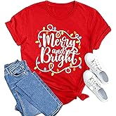 MAIHUN Christmas Shirts Womens Merry and Bright Shirt Xmas Holiday Tshirt Christmas Lights Tee Tops