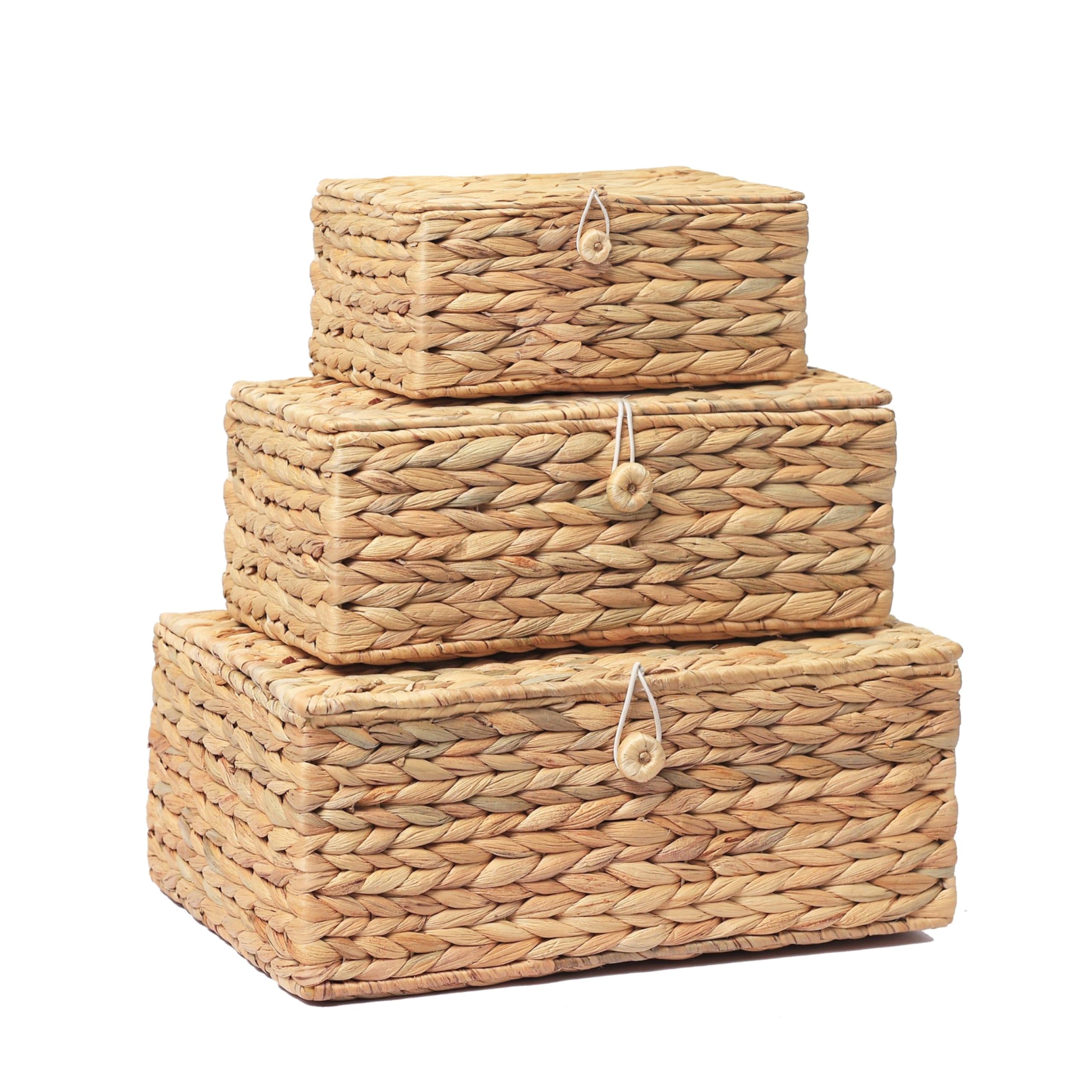 Photo 1 of LUSYDECO Set of 3 Wicker Storage Baskets with Lid, Large Rectangular Rattan Basket Decorative Boxes, Natural Water Hyacinth Wicker Basket for Shelf Organizer, Nursery Room