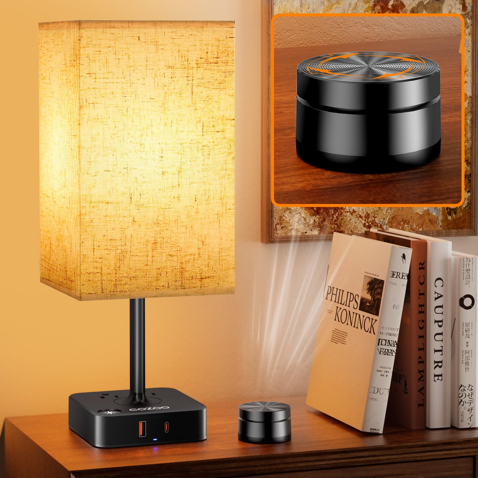 Photo 1 of Bedroom Table Lamp with Remote Operation Control,Dimmable Bedside Table Desk Lamps with USB C+A Charging Ports 2 AC Outlets,Nightstand Lamp Flaxen Shade Lamp for Living Room,Dorm,Home Office,Decor