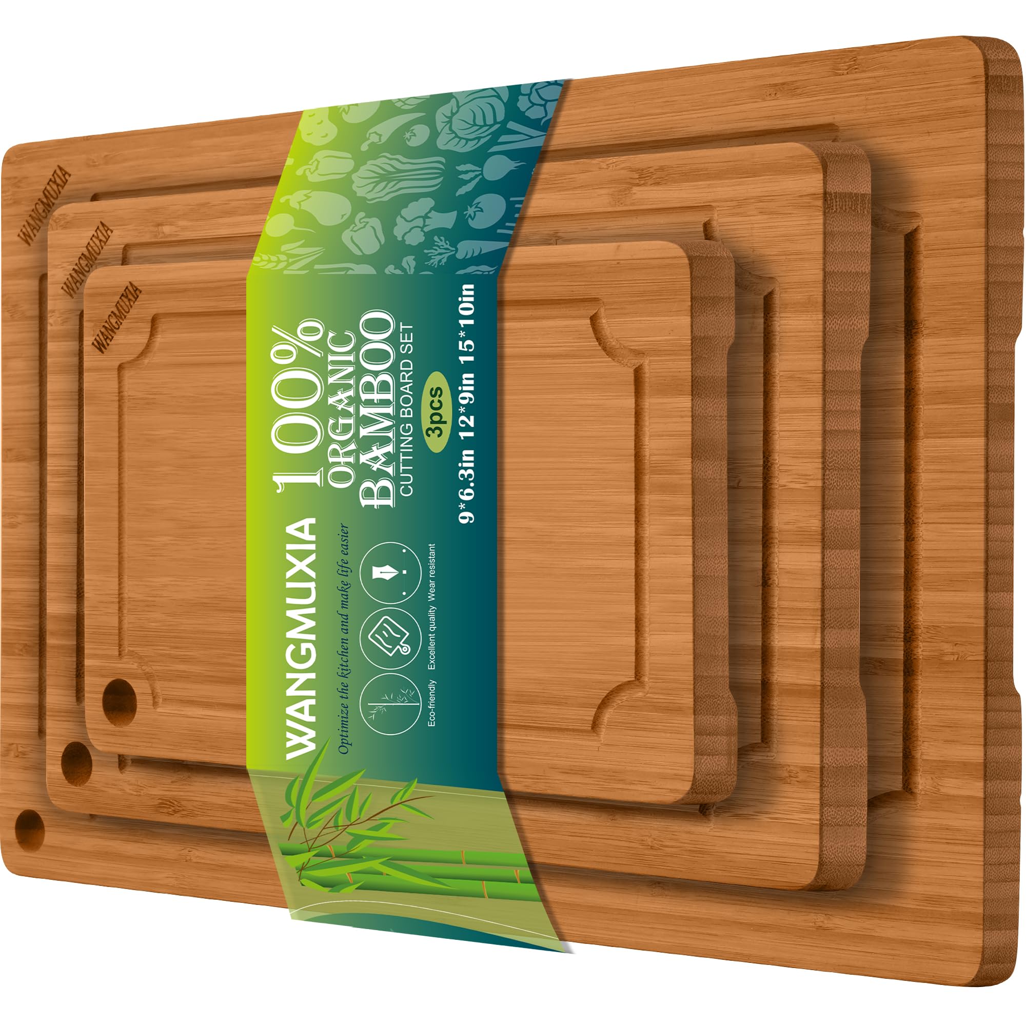 Photo 1 of (used) Durable Bamboo Cutting Boards for Kitchen – 3-Piece Set with Deep Juice Grooves, Carbonized Surface