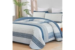 WONGS BEDDING Navy Blue Quilt Queen Size, Bohemian Stripe Quilt Sets 3 Pieces Blue Boho Quilted Bedspread Set Lightweight Microfiber Coverlet Bedding Set All Season (96"x90")