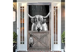 Lacoiime Farmhouse Funny Highland Cow Black and White Animal Door Cover Decoration, Funny Highland Cow Western Fence Grey Animal Modern Fabric Door Cover Decor,