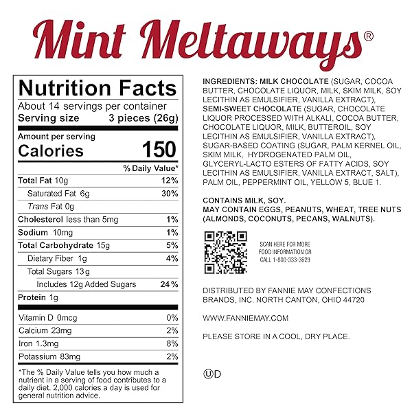 FANNIE MAY, PREMIUM MILK CHOCOLATE CANDY, MINT MELTAWAYS, 4.2 OZ BAG