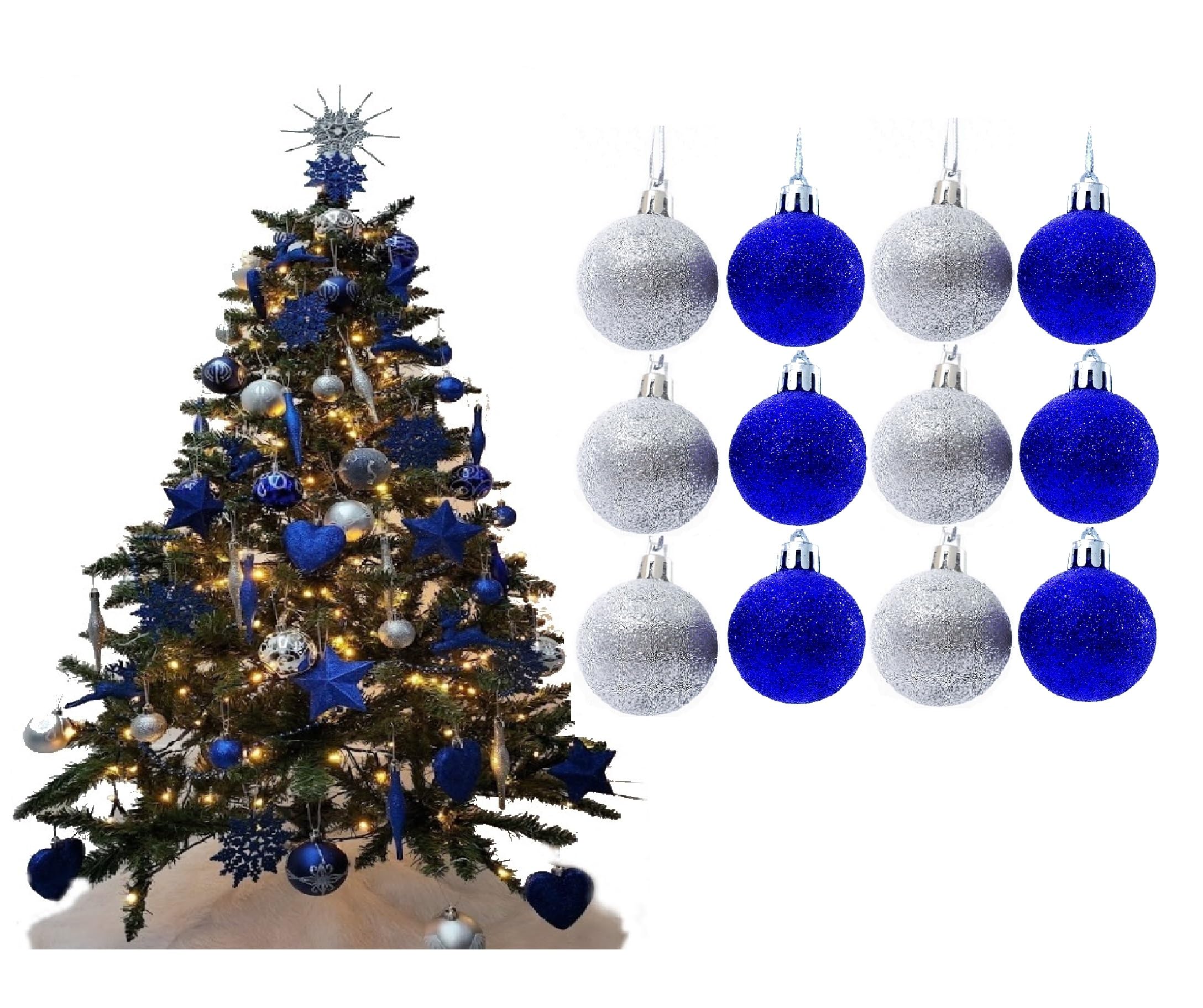 Simply Products Christmas Baubles 3.8cm - Great Christmas Tree Hanging Ball Decorations, Matte & Glitter Baubles Pack of 12-3.8cm (Royal Blue & Silver Glitter)