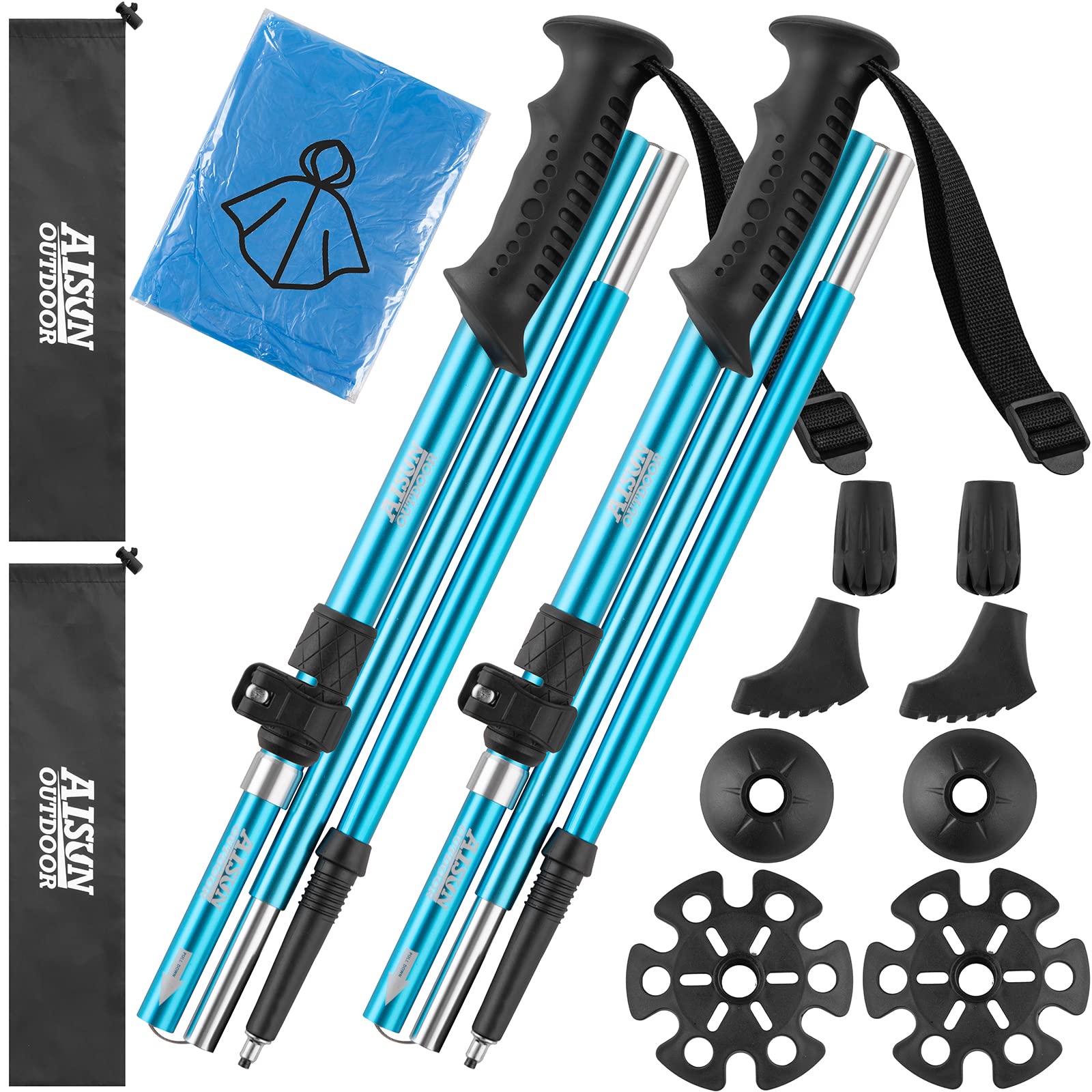 Photo 1 of AISUNOUTDOOR Trekking Walking Hiking Poles or Sticks Aluminum Lightweight Collapsible for Men Women for Climbing 2 Pack Adjustable Gear with One Free Disposable Raincoat