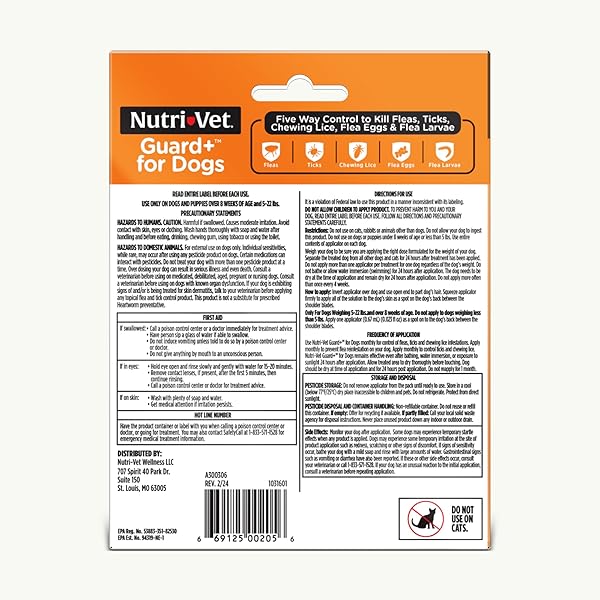 NUTRI-VET GUARD+ FOR DOGS – FLEA & TICK PREVENTION TREATMENT FOR DOGS 5-22 LBS. – WATERPROOF TOPICAL- 90 DAYS OF PROTECTION – 3 MONTHLY DOSES