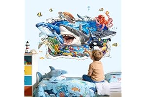 decalmile 3D Ocean Animals Break Through Wall Stickers Sea Animals Shark Turtle Whale Tropical Fish Wall Decals Bathroom Baby