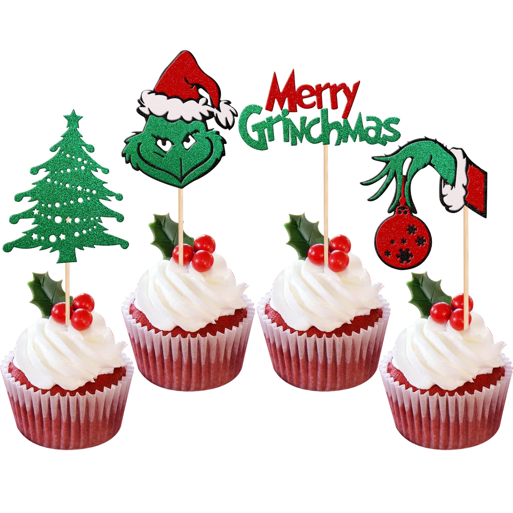 SYKYCTCY 24 Pack Green Monster Christmas Cupcake Toppers Merry Christmas Cupcake Picks for Xmas Theme Baby Shower Kids Birthday Party Cake Decorations Supplies
