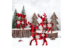 OPULANE 3 Pcs Reindeer Christmas Decor, Rustic Christmas Table Decor for Home, Farmhouse Centerpiece, Holiday Xmas Tiered Tray Decorations for Kitchen, Living Room, Dining Table, Shelf（Red/Black