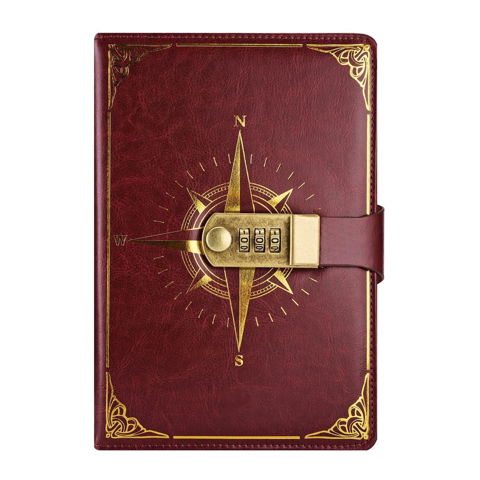 NectaRoy Vintage Travel Journal, A5 Lockable Diary(Compass Pattern), Notebook with Lock/Pen Holder/Card Slots, Office School Supplies Student Stationery, Size 8.6"x5.9"