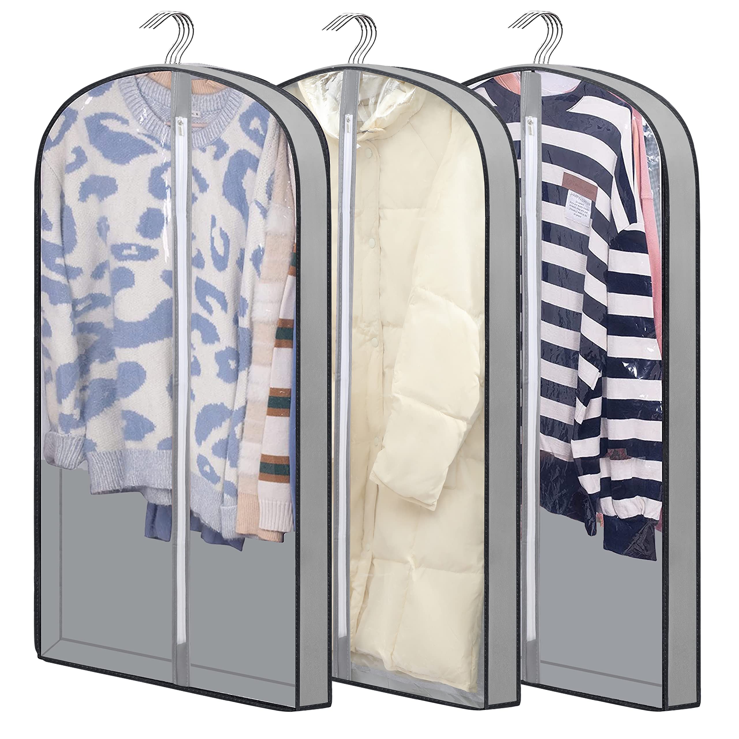 laeeyin Garment bags Suit cover bags for hanging clothes 100cm, Moth Proof Dress Bag Covers Damp-proof Suit Storage Bag Clothes, Plastic Protector for Jacket, Coat, Sweater, Shirts 3 Packs (Grey)