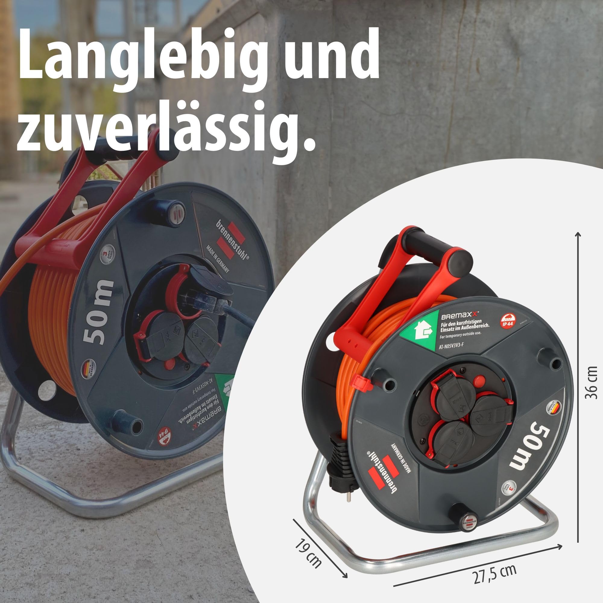 Brennenstuhl Garant V2 IP44 Kabeltrommel 50m outdoor (Made in Germany, 3 Schutzkontakt-Steckdosen, Überhitzungsschutz, kurzfristiger Einsatz im Außenbereich) 7