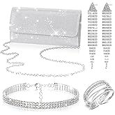 Shinymoon 4 Pcs Silver Rhinestone Jewelry Set for Women Bling Glitter Clutch Purse Triple Row Necklace Dangle Earrings Cuff Bracelet Sparkling Jewelry Accessories for Bride Wedding Evening Party