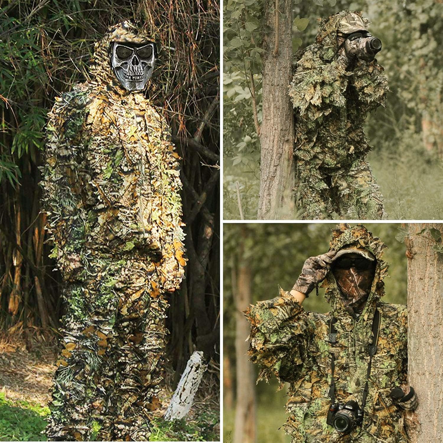 POWLIFE Ghillie Suit Camouflage Hunting Suits Outdoor 3D Leaf Lifelike Camo Clothing Lightweight Breathable Hooded Apparel Suit for Jungle Shooting Airsoft Woodland Photography : Clothing