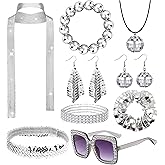 MONAZEO 11Pcs 70s Disco Costume Accessories for Women Sequin Scarf Headband Ball Bracelet Necklace Earring Hair Scrunchies Glasses