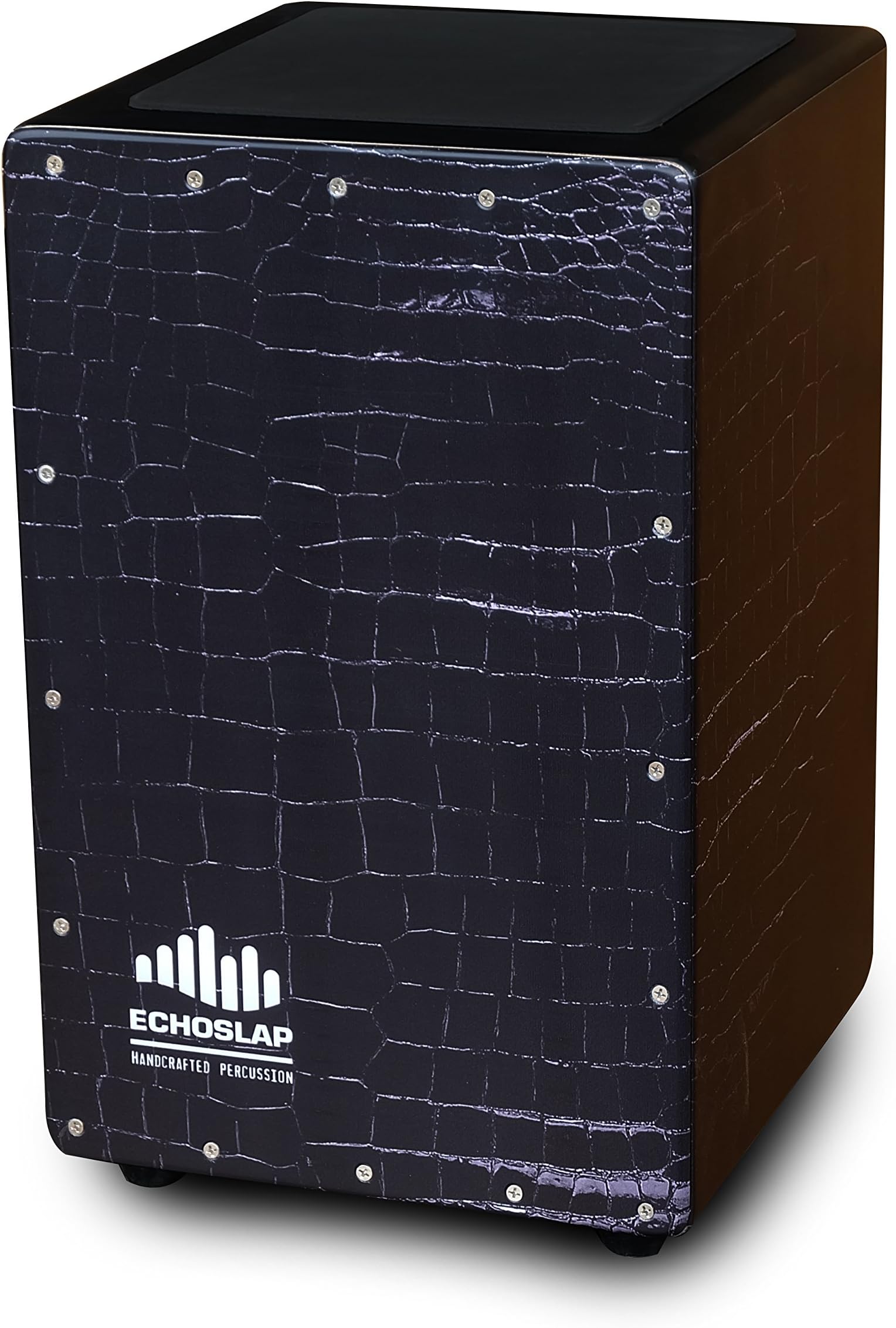 Echoslap GFX Crocodile Pattern Cajon, Black, Hand Crafted, Adjustable Snare, Deep Bass, Maple Frontplate - GFX4-CD