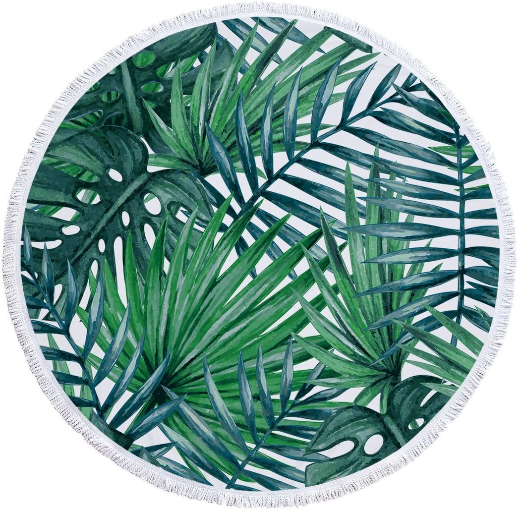 Round Beach Towel Microfiber Large Beach Blanket with Tassels Ultra Soft Super Water Absorbent Yoga Mat Sunscreen Shawl Wrap Multi-Purpose Towel 59 inch (Green Leaves)