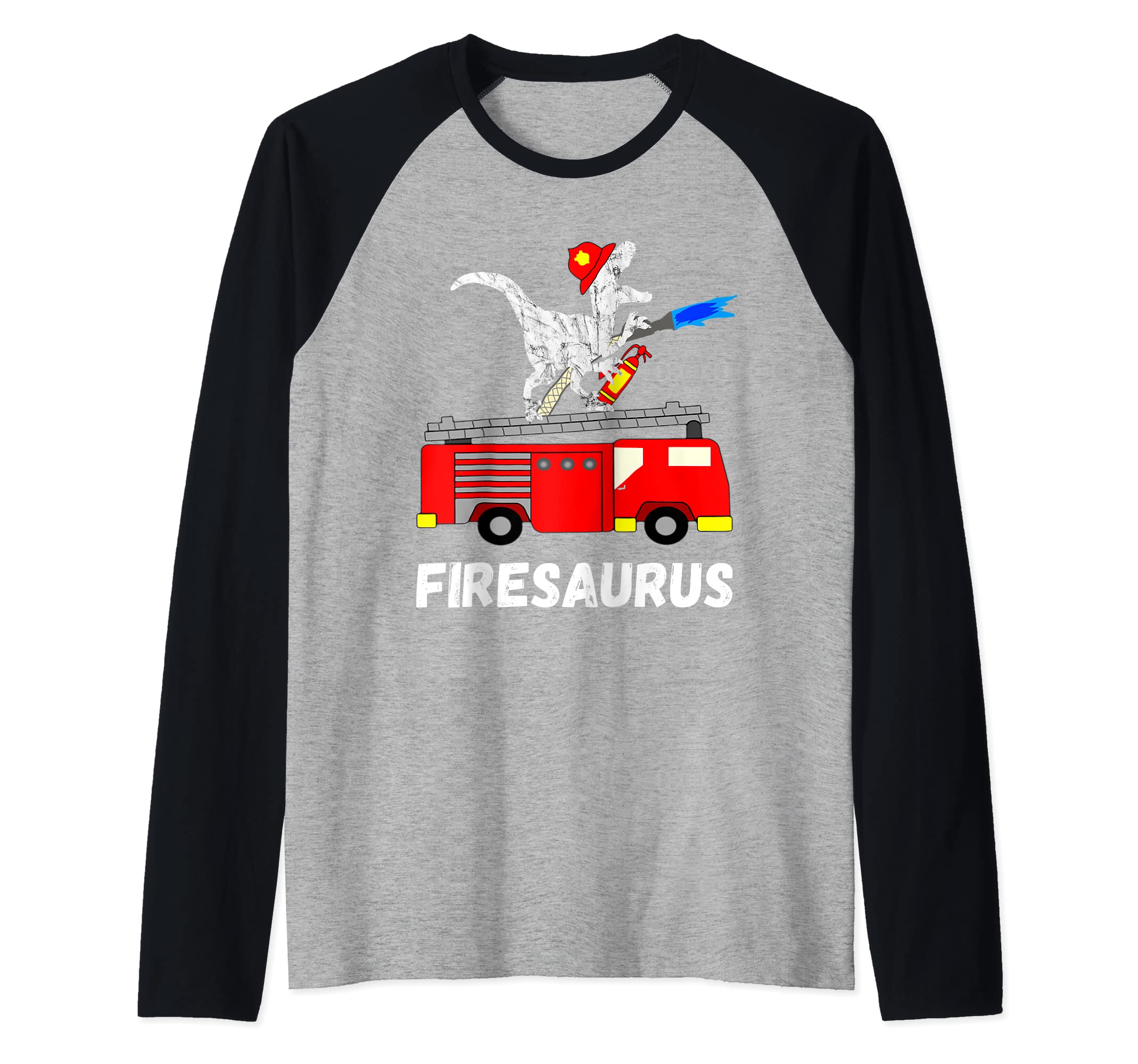 Fire Fighter Dinosaur Firetruck Dino Fireman T-Rex Raglan Baseball Tee
