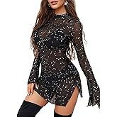 Avidlove Mesh Mini Dresses for Women Bell Sleeves Bodycon Turtle Neck Split Lingerie Dress Vacation Party Outfits Clubwear