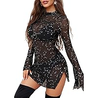 Amazon.com: Womens Mesh Dress Ruched Glitter Long Sleeve Bodycon Sexy See  Through Clubwear Rave Outfits Black S : Clothing, Shoes & Jewelry