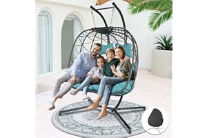 NICESOUL® Double Swing Egg Chair Loveseat with Stand for 2 Person Outdoor Indoor Patio Bedroom Gray Rattan Woven Turquoise Olefin Cushion Extra Large Size 510lbs Capacity with Cover