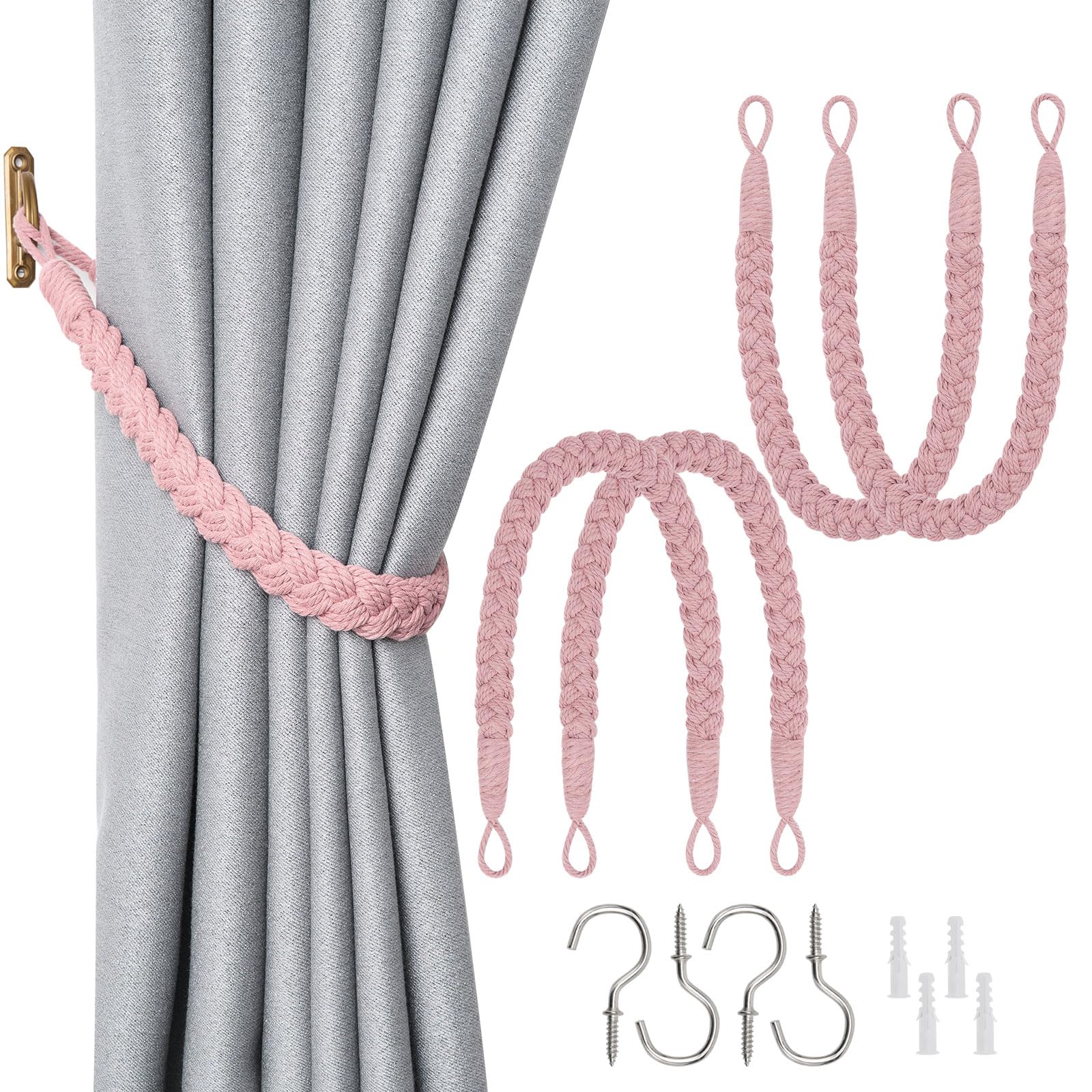 Pretty Jolly 4 Pack Natural Cotton Rope Curtain Tiebacks Elegant Boho Style Decorative Drape Tie Backs Soft Hand-Woven Rope Curtain Holdbacks with Metal Hook for Home & Office Drapery (Pink) — image 1