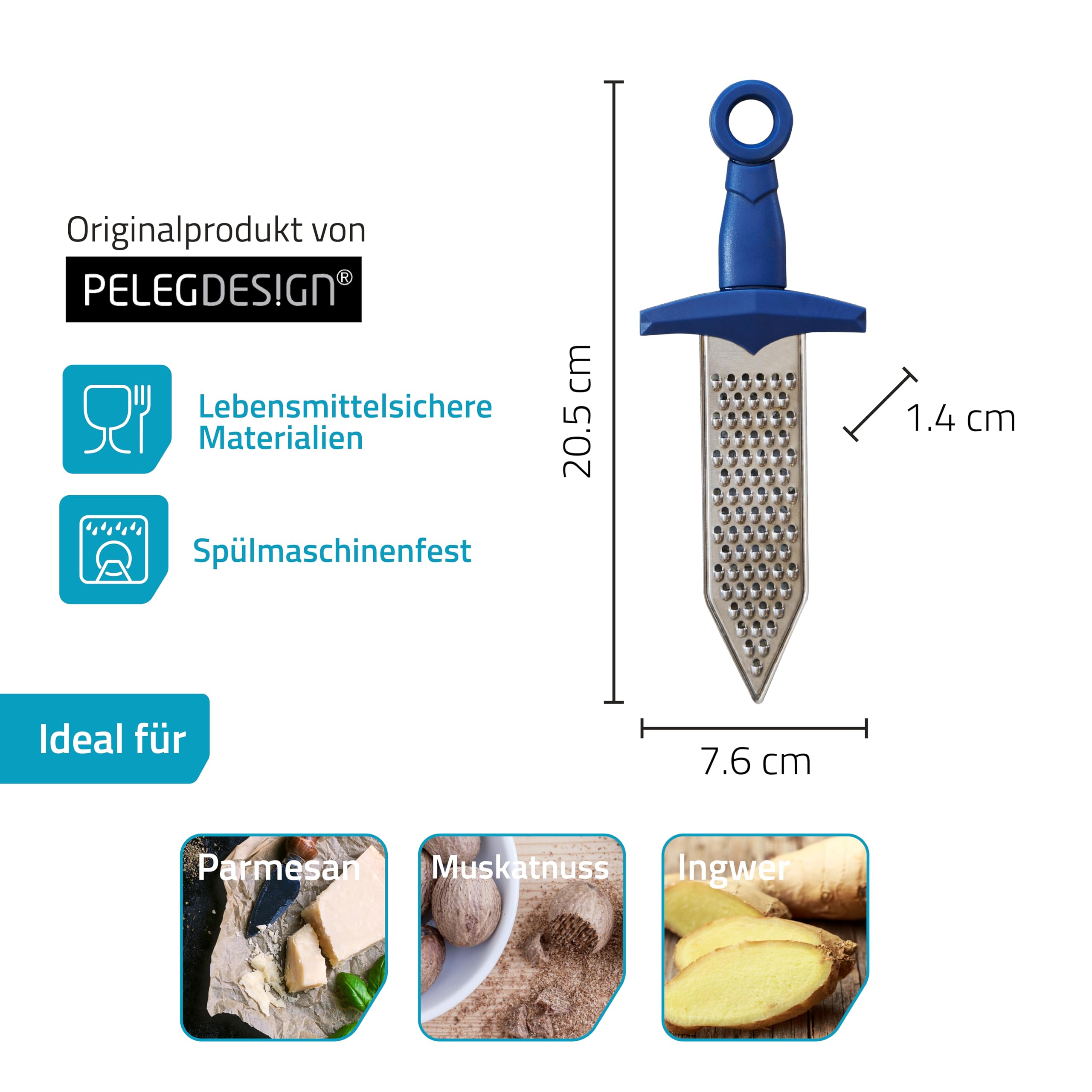 Peleg Design Gratiator – Kleine Käsereibe im Schwertdesign – Edelstahl Reibe für Parmesan, Muskatnuss, Ingwer und Gemüse – Zitronenreibe mit Zestenreißer und robustem Kunststoffgriff 4