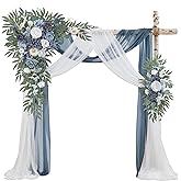 WEDFLOR Wedding Arch Flowers with Drapes Kit (Pack of 4) - 2pcs Artificial Dusty Blue Deluxe Swag with 2pcs Sheer Drapes for Wedding Ceremony Arbor Reception Backdrop Rose Floral Decoration