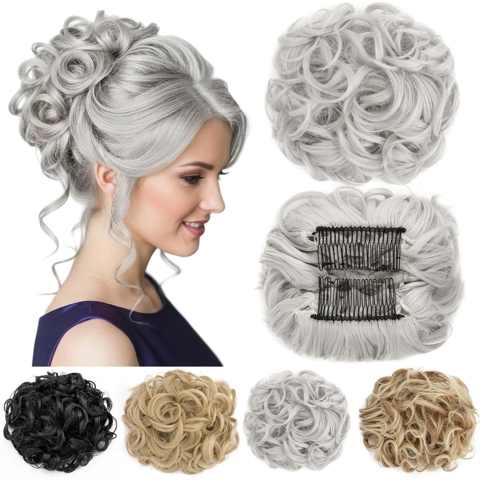Short Messy Curly Dish Hair Bun Extension Easy Stretch hair Combs Clip in Ponytail Extension Scrunchie Chignon Tray Ponytail Hairpieces Silver Gray โ image 1