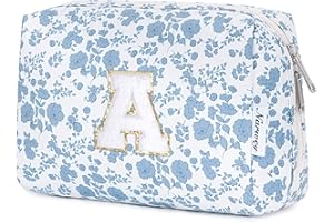 Narwey Christmas Gifts for Teen Girls Kids Women Personalized Initial Floral Makeup Bag Cute Cosmetic Trendy Stuff 6 8 10 11 12 13 14 16 18 Years Old Travel Toiletry Bag (Little Blue Flower A)