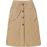 Verdusa Girl's Button Midi Skirts Ribbed A Line Skirt with Heart Pockets Spring Fall Fashion