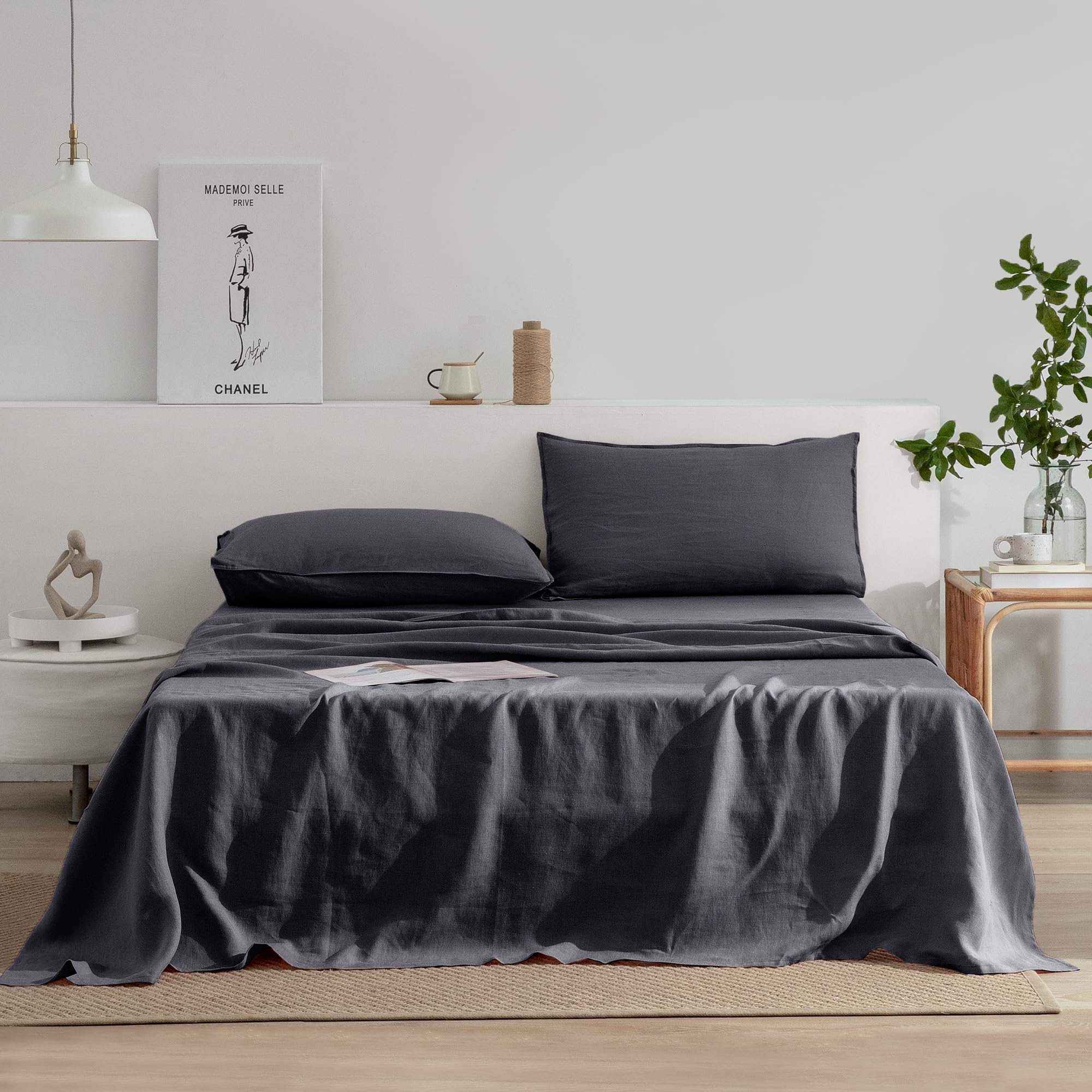 Photo 1 of EVERLY Linen California King Size Sheets Set, 100% Stonewashed French Linen Bed Sheets Deep Pocket Sheets, 4 Pieces (1 Flat Sheet, 1 Fitted Sheet, 2 Pillowcases) Natural Flax Bedding Set-Dark Grey