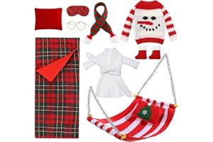 OUNIY 9Pcs Christmas Doll Clothes for Elf Accessories Set with Christmas Sleeping Bag Bathrobe Scarf Glasses Pillow Boots Sweater Eyepatch Hammock, Christmas Accessory for Elf Doll Decor, Doll Not Included