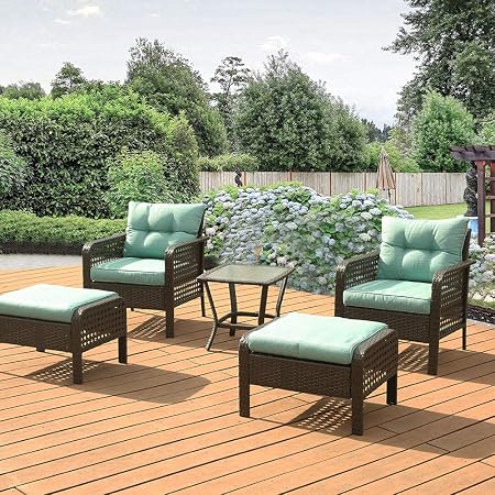 Amazon Com Okeysen Patio Outdoor Furniture Sets 5 Pcs With Ottoman All Weather Checkered Wicker Rattan Conversation Sofa Set Glass Coffee Table With Removable Cushion Green Garden Outdoor