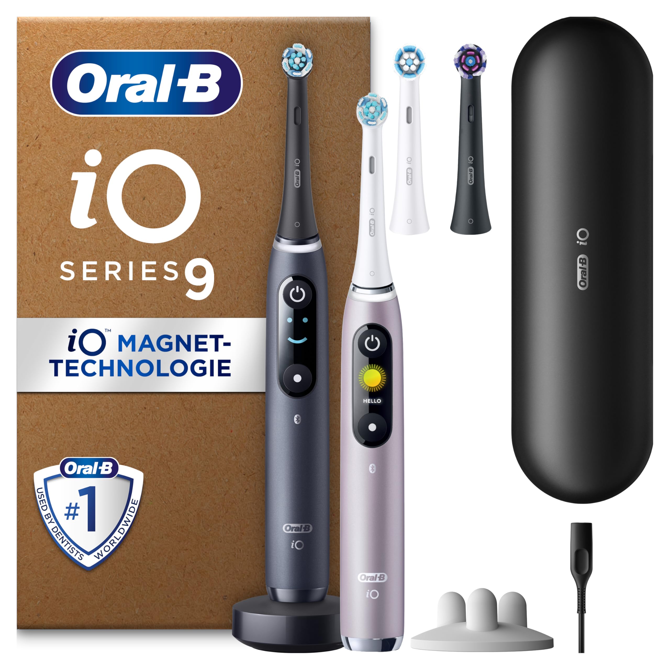 Oral-B iO Series 9 Elektrische Zahnbürste, Doppelpack — Electric Toothbrush, Inkl. 4 Aufsteckbürsten, Lade-Reise-Etui, Schnellladestation — 7 Modi für Zahnpflege, Designed by Braun, Schwarz und Rosa