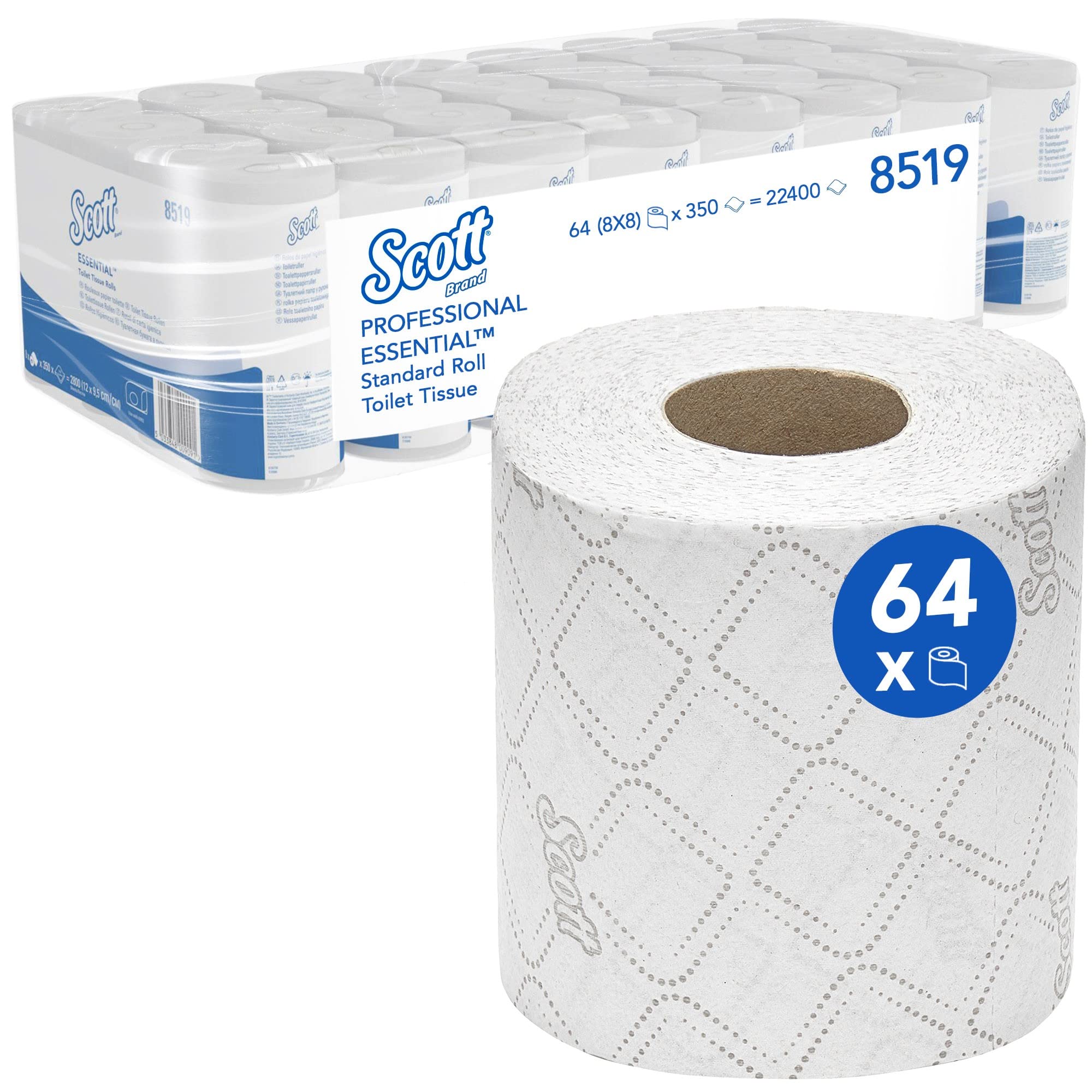 Scott Essential, 8519, Standard Roll Toilet Tissue, 2 ply, White, 64 rolls x 350 sheets
