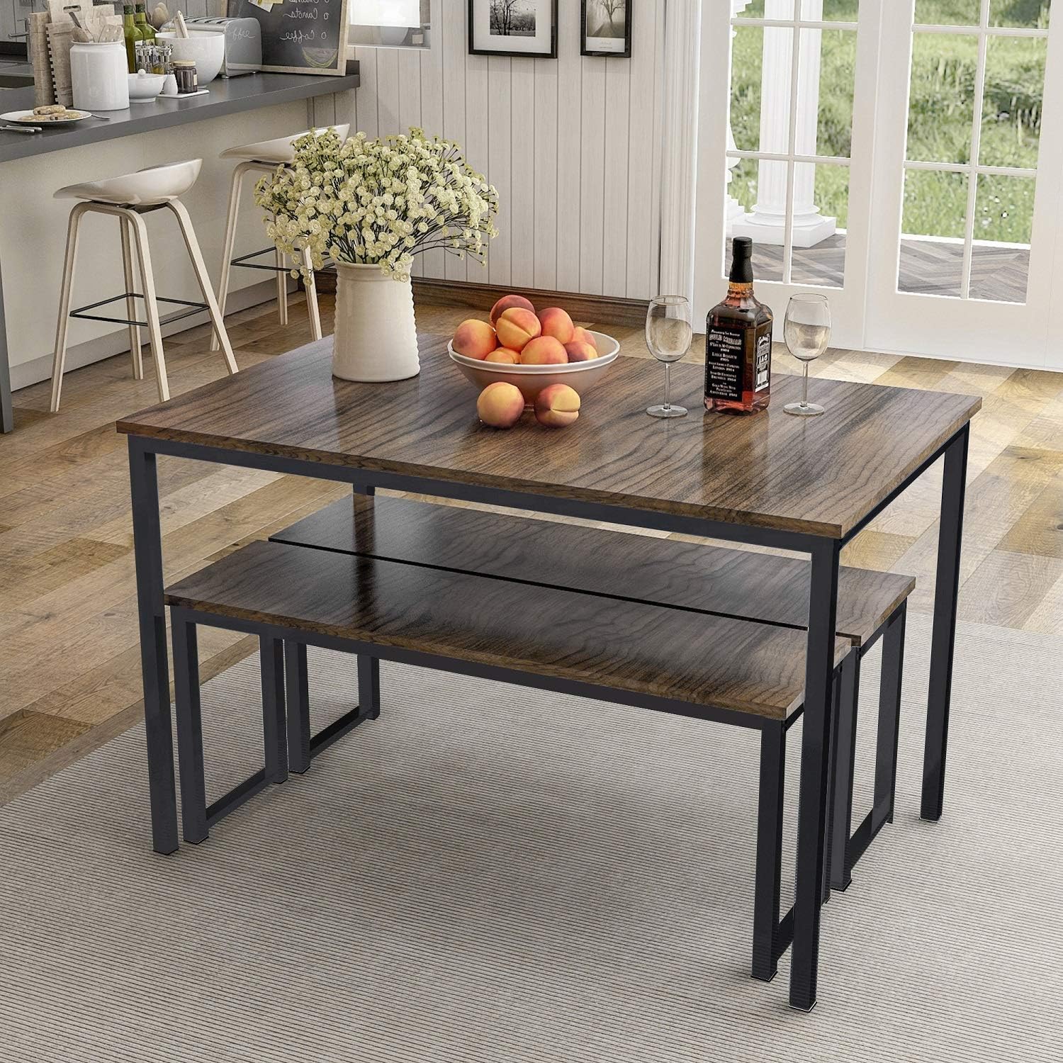 Danxee 3 Piece Dining Set Modern Style Dining Table Kitchen Table with 2 Benches (Brown/Black Leg)