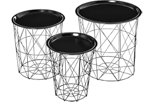HOMCOM Set of 3 Nesting Coffee Tables with Storage, Round End Table with Removable Tray, Basket Side Tables with Metal Frame 