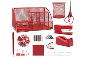 SHELLVCASE 12 in 1 Red Desk Organizers and Accessories, Office Supplies Set Gifts for Coworkers, Office Supplies Include Stapler Pen Holder Tape Holder Staples Scissors Ruler Staple Remover for Home School