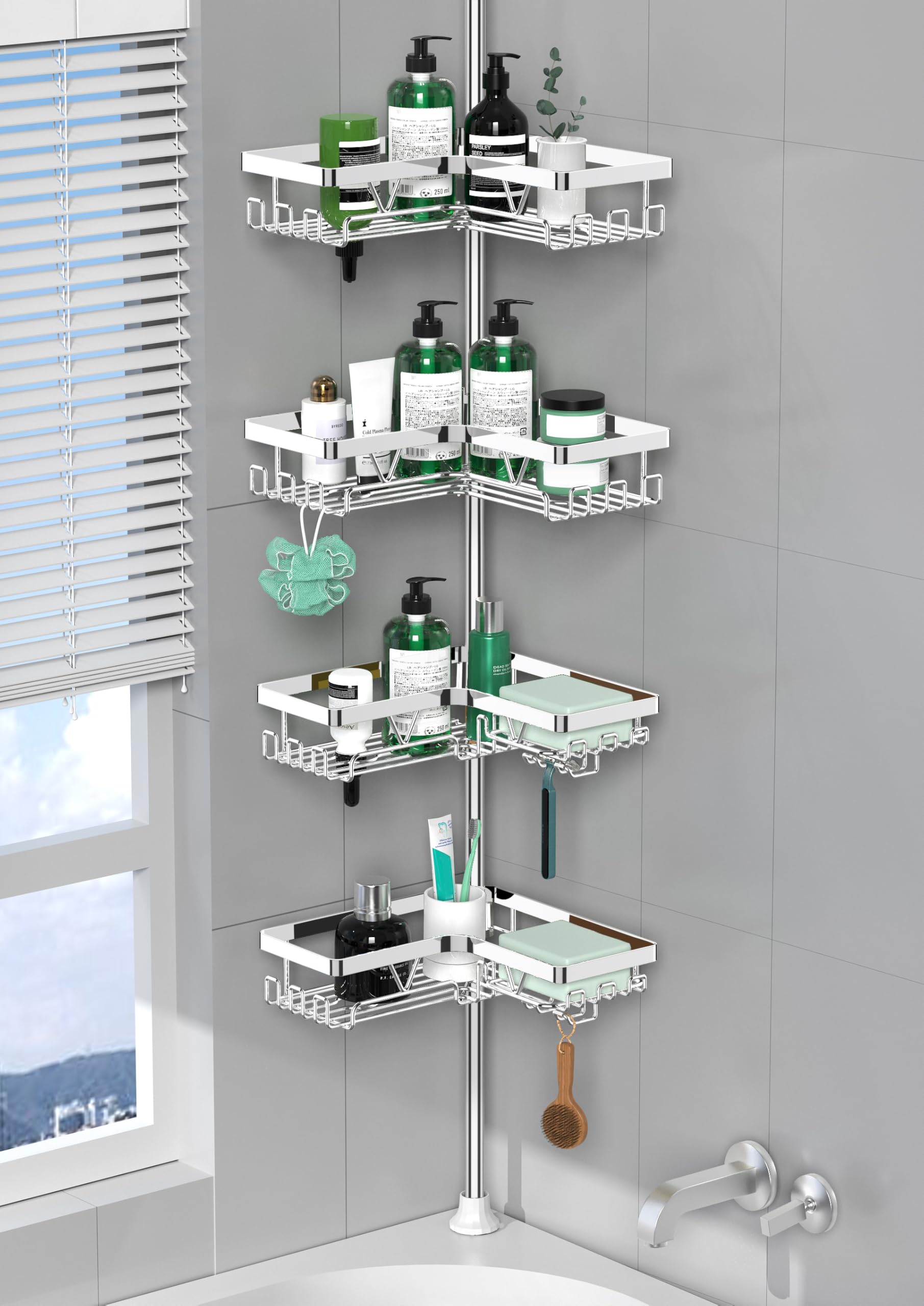 Photo 1 of **USED, INCOMPLETE** DAOYA Corner Shower Caddy Tension Pole - Chrome Tension Rod Shower Caddy Adjustable Shampoo Holder for Bathroom/Bathtub/RV, Stainless Steel, Floor to Ceiling 25-114.2 inch