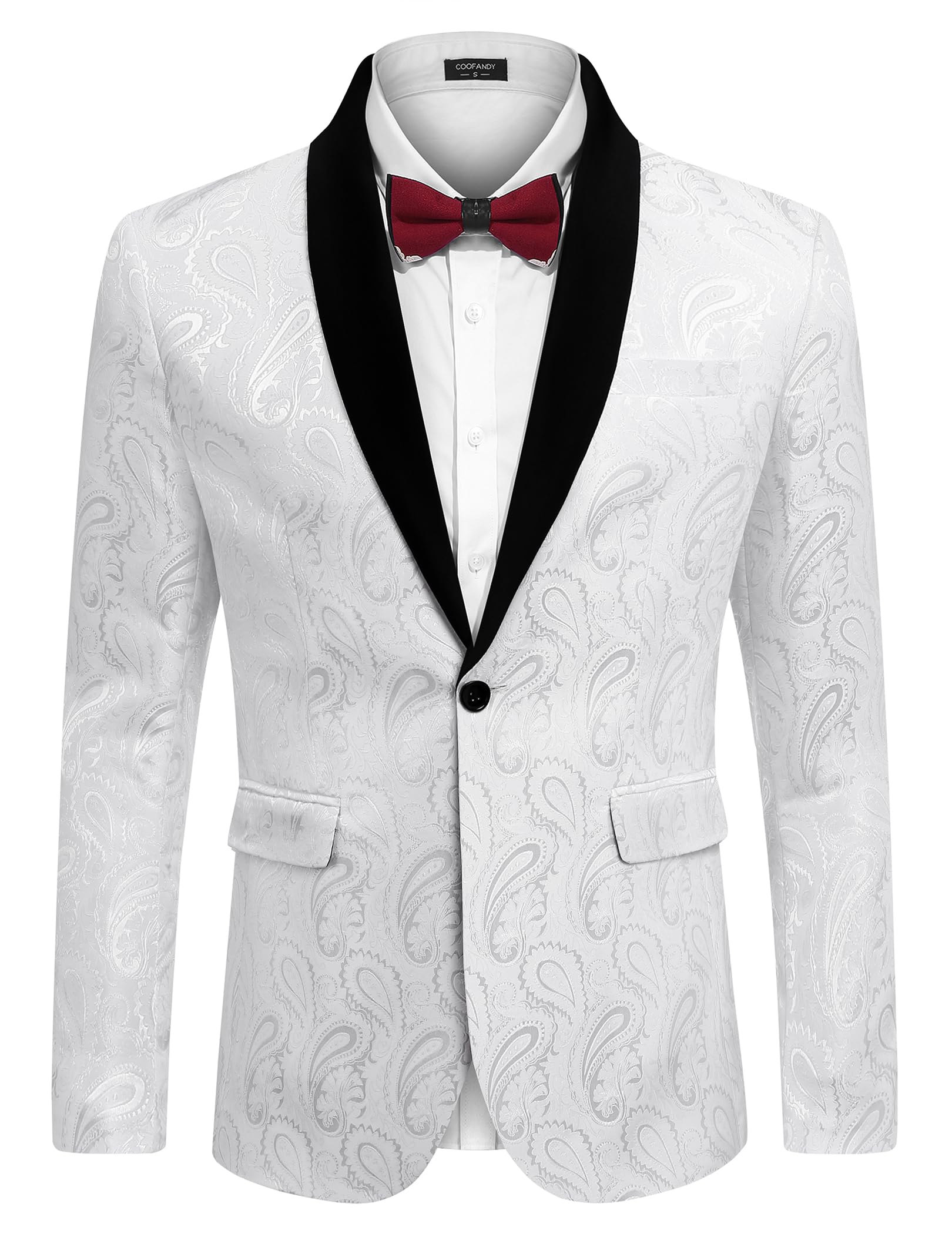 COOFANDY Mens Floral Tuxedo Jacket Paisley Shawl Lapel Suit Blazer Jacket for Dinner,Prom,Wedding White Image