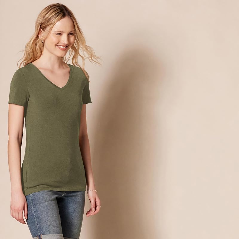 Damen T-Shirt Regular Fit mit kurzen Ärmeln und V-Ausschnitt, 2er-Pack, Olivgrün/Haferbeige Meliert, M