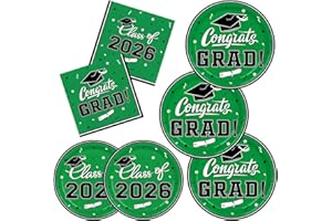 Class of 2026 Graduation Party Supplies - Serve 16 with Green Graduation Decorations Disposable Paper Plates and Napkins Set,