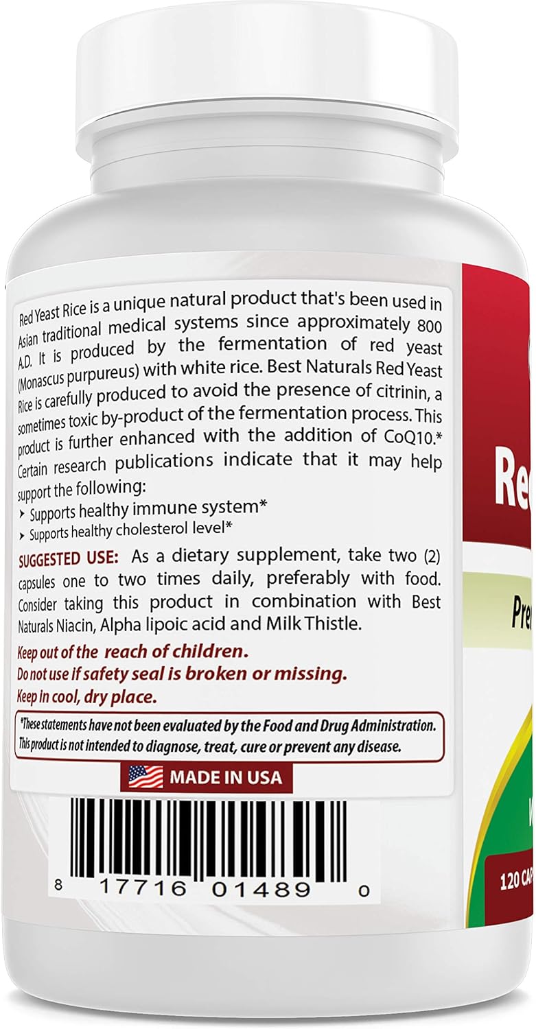 Best Naturals Red Yeast Rice with CoQ10, 120 Capsules - Cardiovascular Formula Contains 600 mg of Red Yeast Rice ans 30 mg of CoQ10: Health & Personal Care