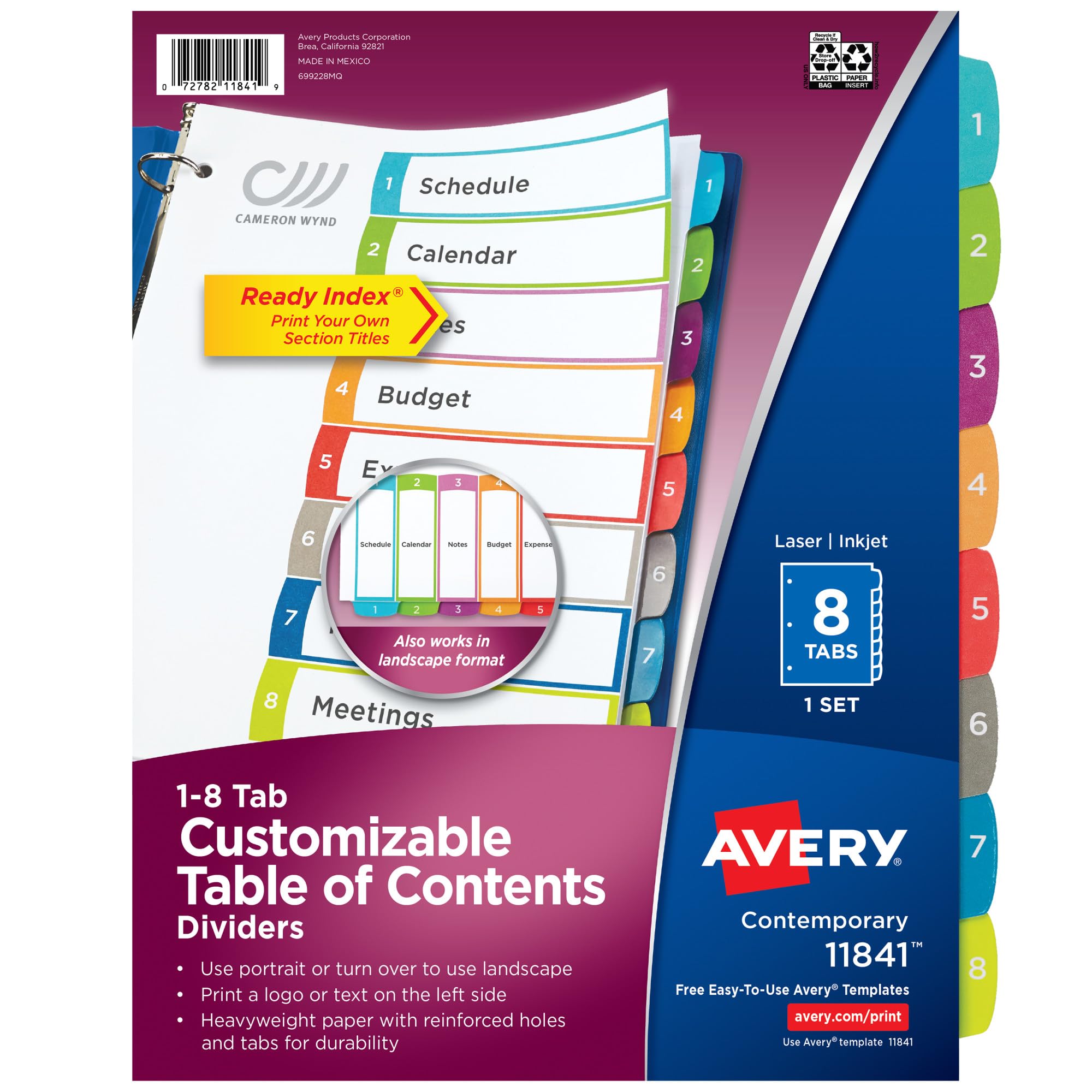 Avery 8 Tab Dividers for 3 Ring Binders, Customizable Table of Contents, Multicolor Tabs, 1 Set (11841)