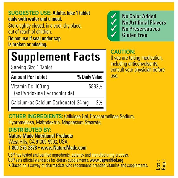 NATURE MADE VITAMIN B6 100MG, B6 VITAMINS FOR ENERGY METABOLISM SUPPORT, 100 TABLETS, 100 DAY SUPPLY